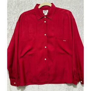 Vintage Bouffo Hong Kong‎ Silk Button Down Top Red Shirt Womenswear Oversized